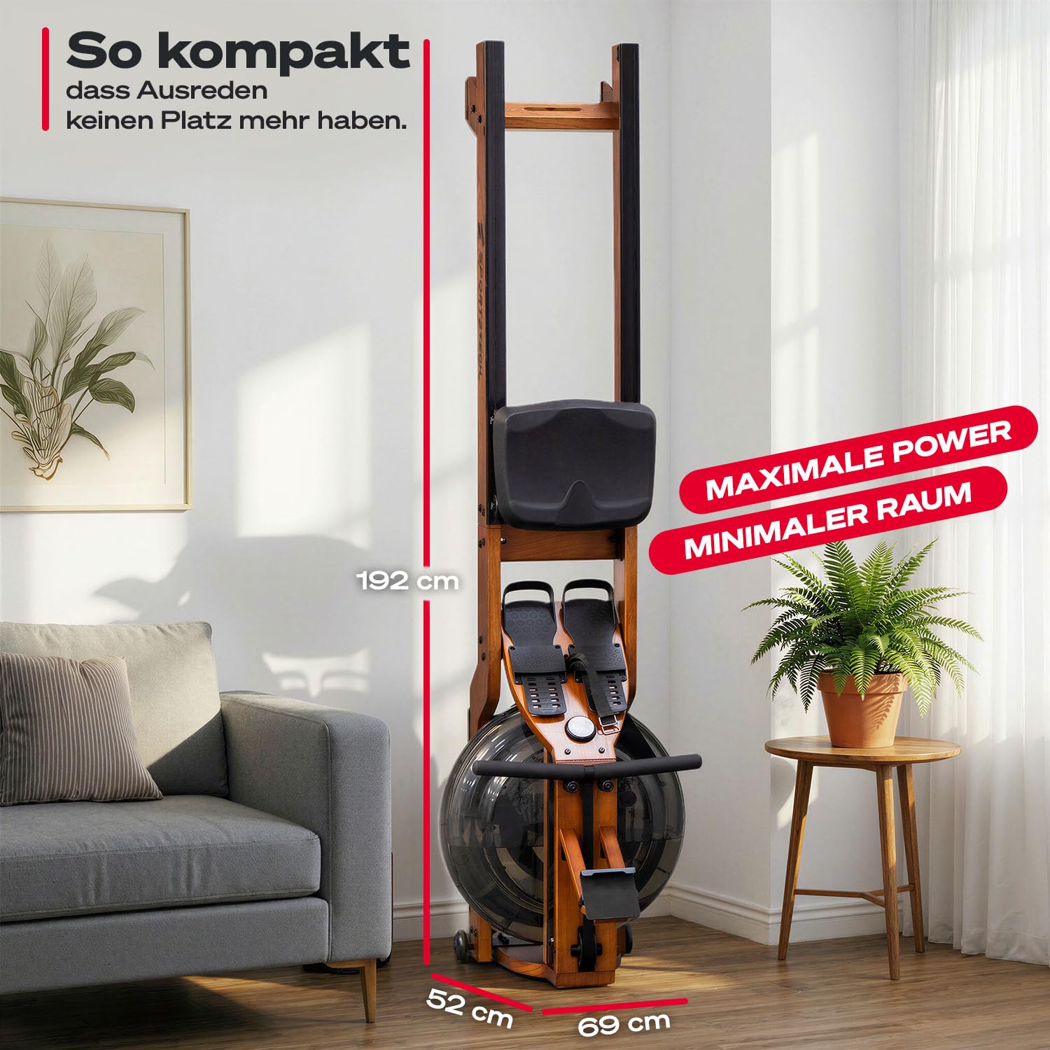 Sportstech Wasser Rudergerät für Zuhause WRX500 bis 150 kg, Rudermaschine aus FSC-Holz, vertikal verstaubar, App, Bluetooth & LED-Display, Tablethalter, gelenkschonendes Ganzkörpertraining