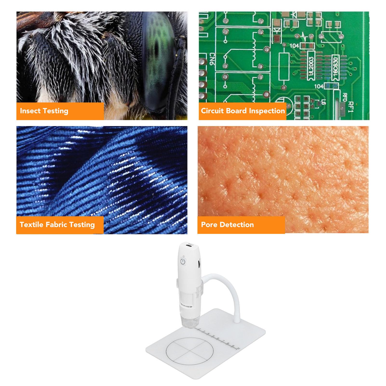 Akozon Handheld Digital Scope, WiFi USB, 1080p HD, 2MP, 1000x Vergrößerung, mit Ständer, Ideal für die Reparatur von Leiterplatten, Stoff und Hautbeobachtung (White)