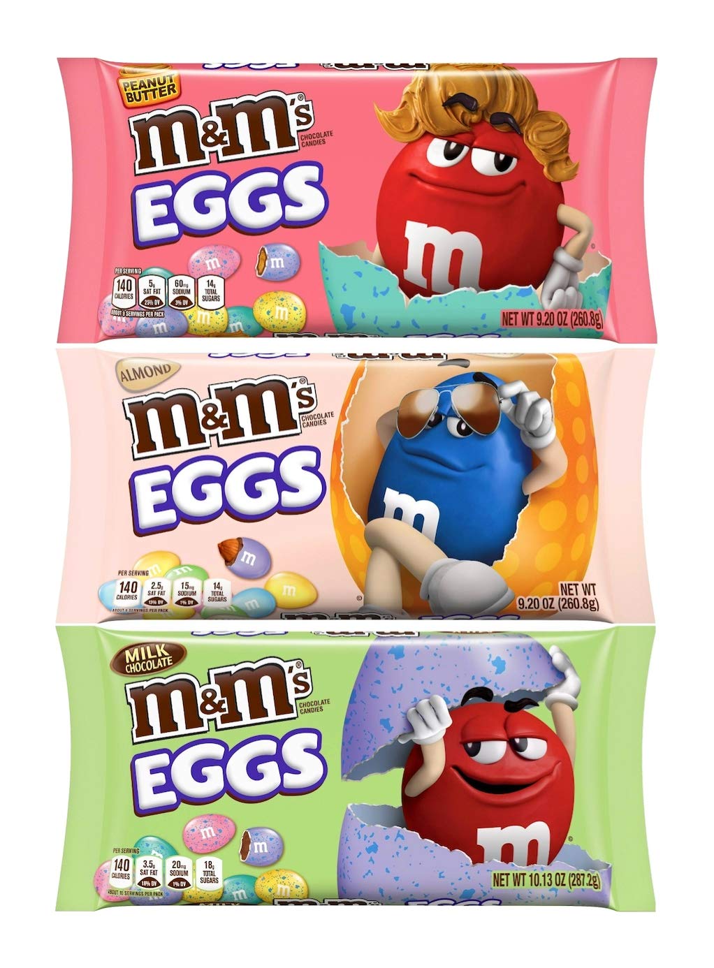 Easter M&Ms Eggs Variety Pack of 3 Bags - Milk Chocolate Eggs, Peanut Butter Eggs, and Almond Eggs - 28.53 oz Total of M&Ms Pastel Easter Eggs Candy - Blue, Yellow, Green, and Pink