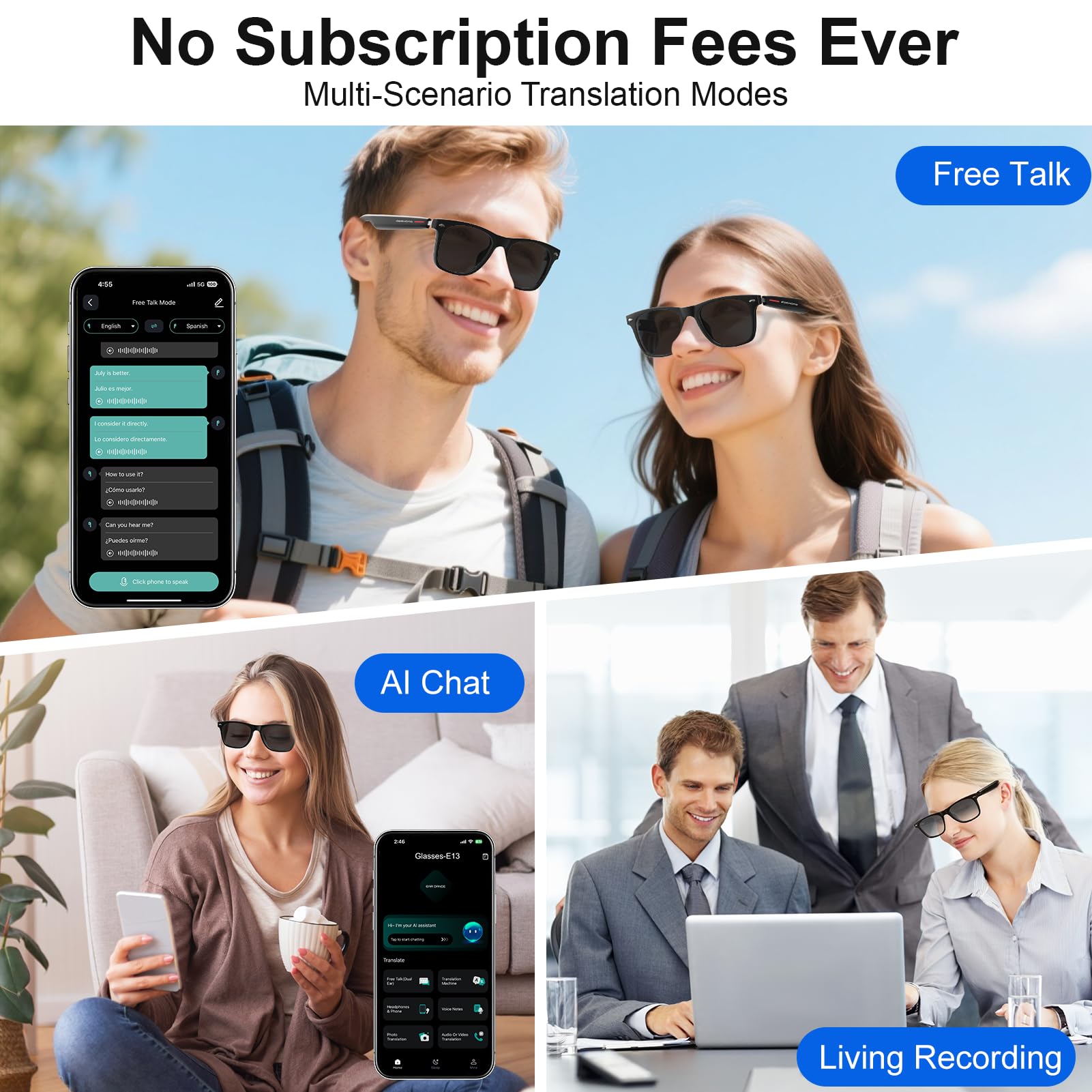 AI Lunettes intelligentes pour homme et femme - Traduction Bluetooth - 164 langues - Son à oreilles ouvertes - Microphone et haut-parleur - Appels mains libres - Protection UV et lumière bleue
