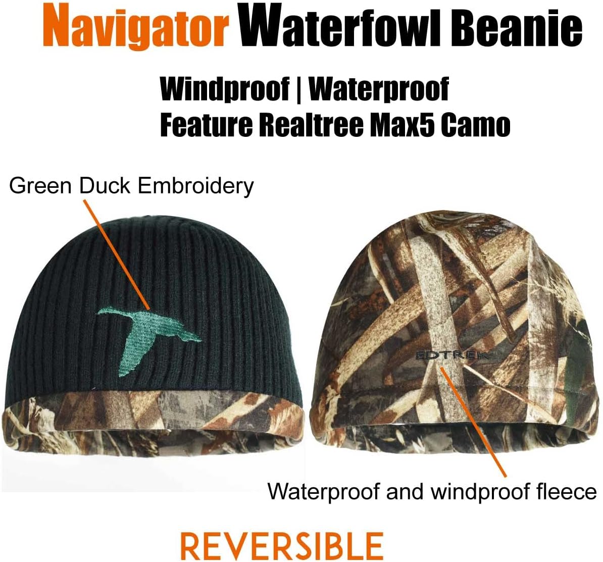 EDTREK Waterproof and Windproof Camo Beanie Hunting Hat - Timber and Blaze Orange Camo Hunter Hat - Image 3