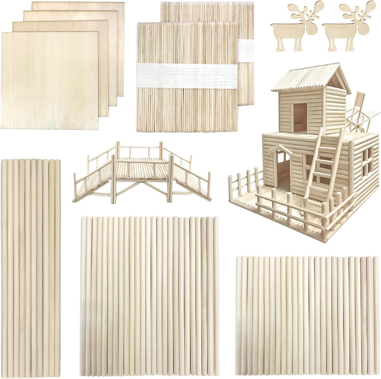 214 PCS Natural Wood Craft Lollipop Sticks Dowel Rods Balsa Wood Sheets Smooth Popsicle Art Stick Perfect for Craft Items