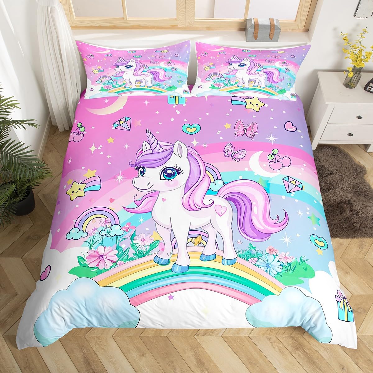 Homemissing Cartoon Unicorn Duvet Cover Set King Size For Kids Girls Teens Rainbow Bedding Set Girls Butterfly Floral Comforter Cover Set Princess Style Quilt Cover with 2 Pillowcase