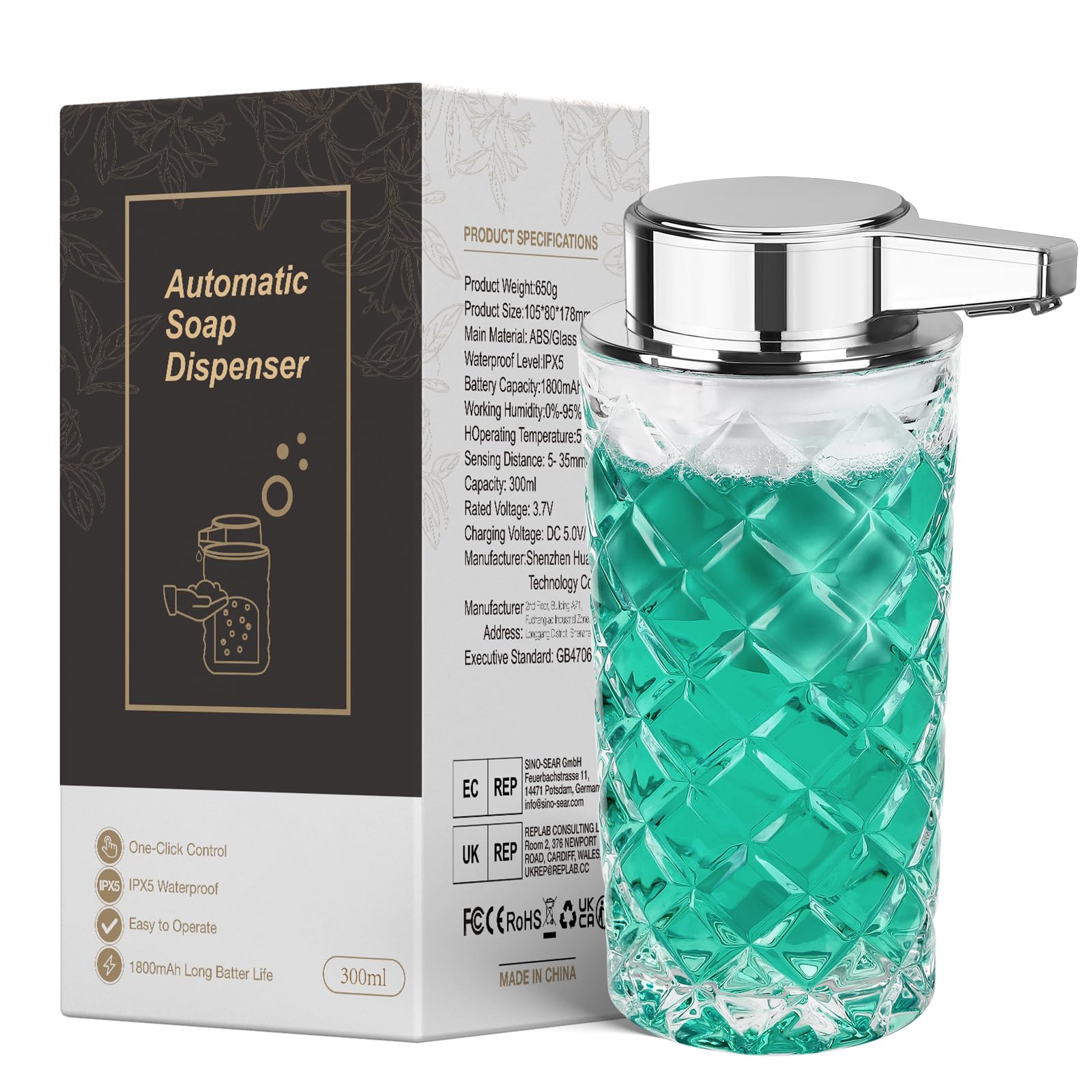 Dispensador automático de jabón de espuma para cocina: dispensador de jabón de espuma automático transparente de vidrio de 11 onzas para baño, loción para platos de mano, encimera de hogar, niños