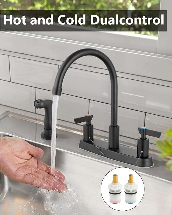 Kitchen Faucet with Side Sprayer, 8 Inch Centerset 4-Hole Black by GBBNE - Used condition - Image 6