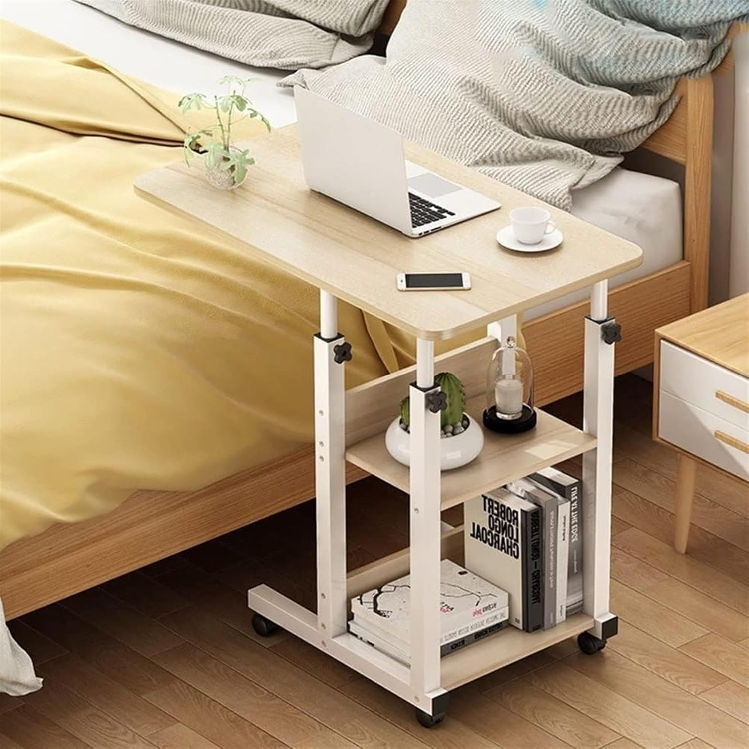 CGCSYZ Portable Standing Desk on Wheels Tray Table Overbed with Storage Adjustable Sofa side Bed Laptop Cart Stand Height Mobile, White, One Size (Natural One Size)
