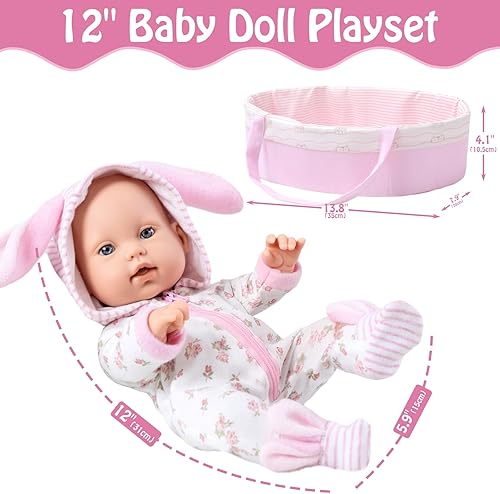 Miniatura 2 de UZIDBTO Muñecas de bebé de 12 pulgadas con temática de conejito de adopción, muñecas realistas y vivas, juego de moisés con trajes, chupete, manta,