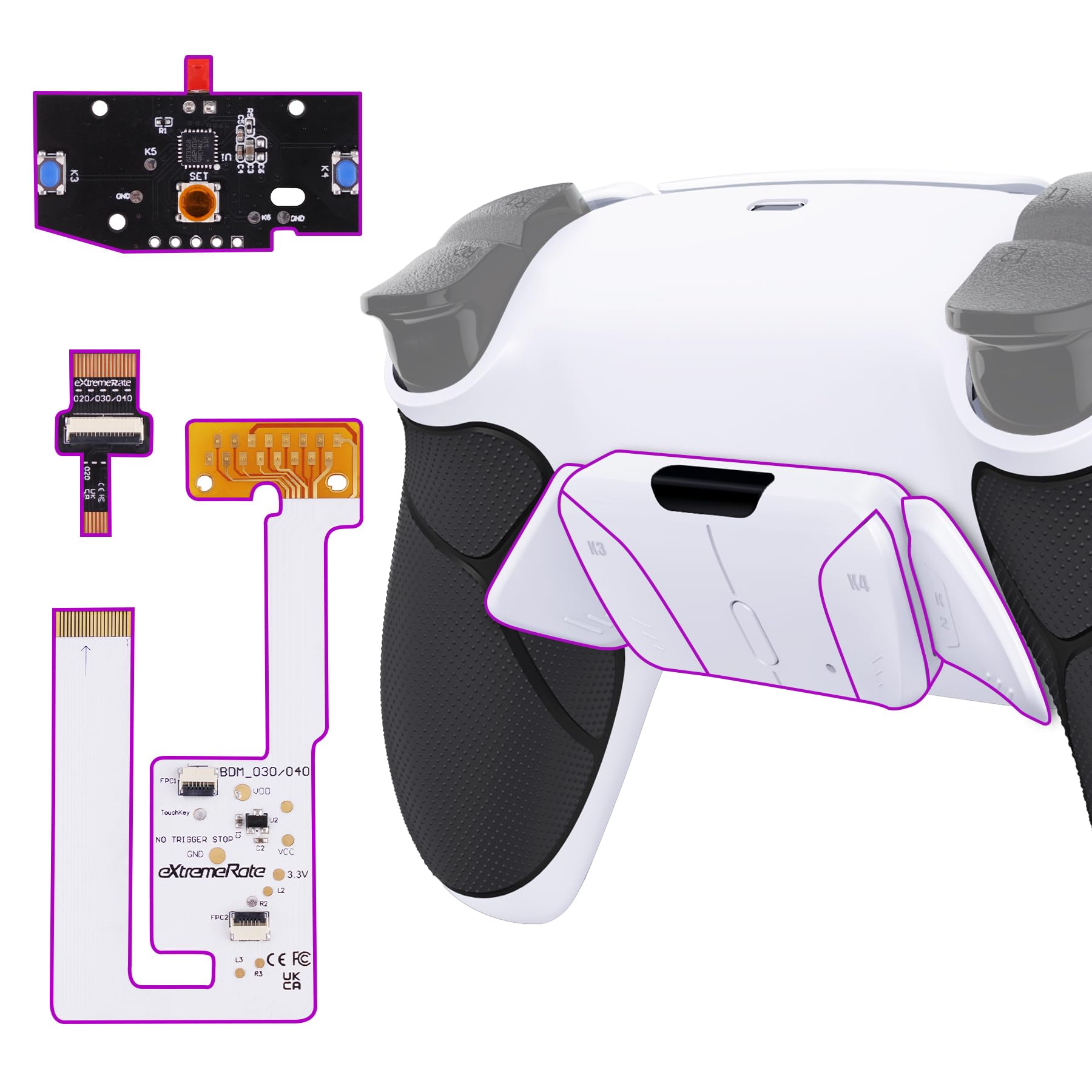 eXtremeRate Rise4 V4 Remap Kit Programmabile per ps5 Controller BDM-030 040 050 060, 4 Tasti Aggiuntivi & Cover Grip Gommato, Palette Posteriori Back Button Set per ps5 Joystick - Bianco Nero