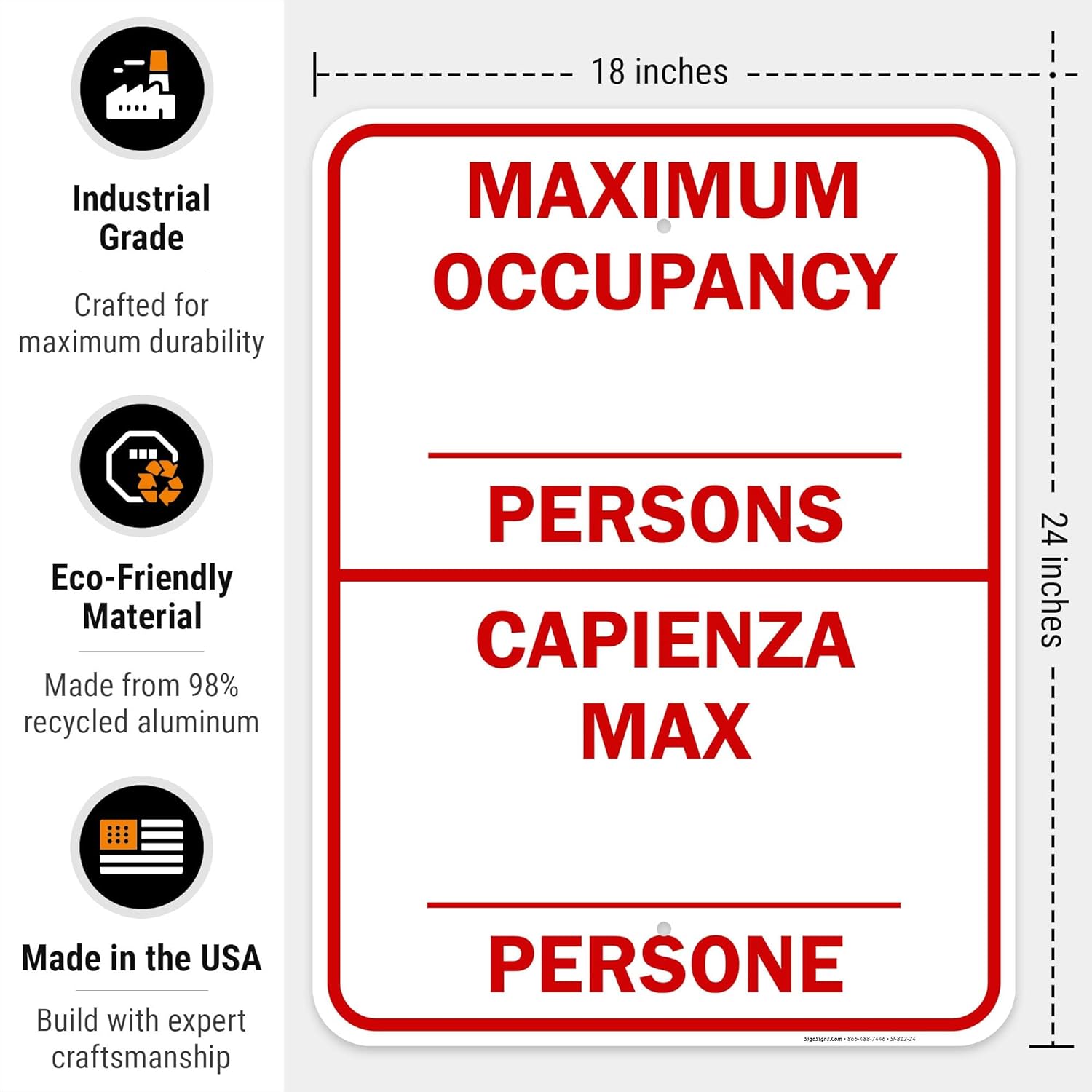 Maximum Occupancy Persons Bilingual Sign, 18x24 Inches, Rust Free .063 Aluminum, Fade Resistant, Easy Mounting, Indoor/Outdoor Use, Made in USA