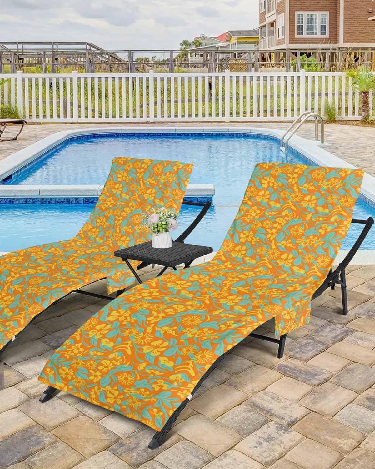 Orange Flower Beach Pool Patio Lounge Chaise Chair Cover Towel With Pockets,Absorbent & Quick Dry Microfiber Towel Cover Bag Summer Sunbathing Accessories Abstract Rustic Fall Winter Botanical Plant