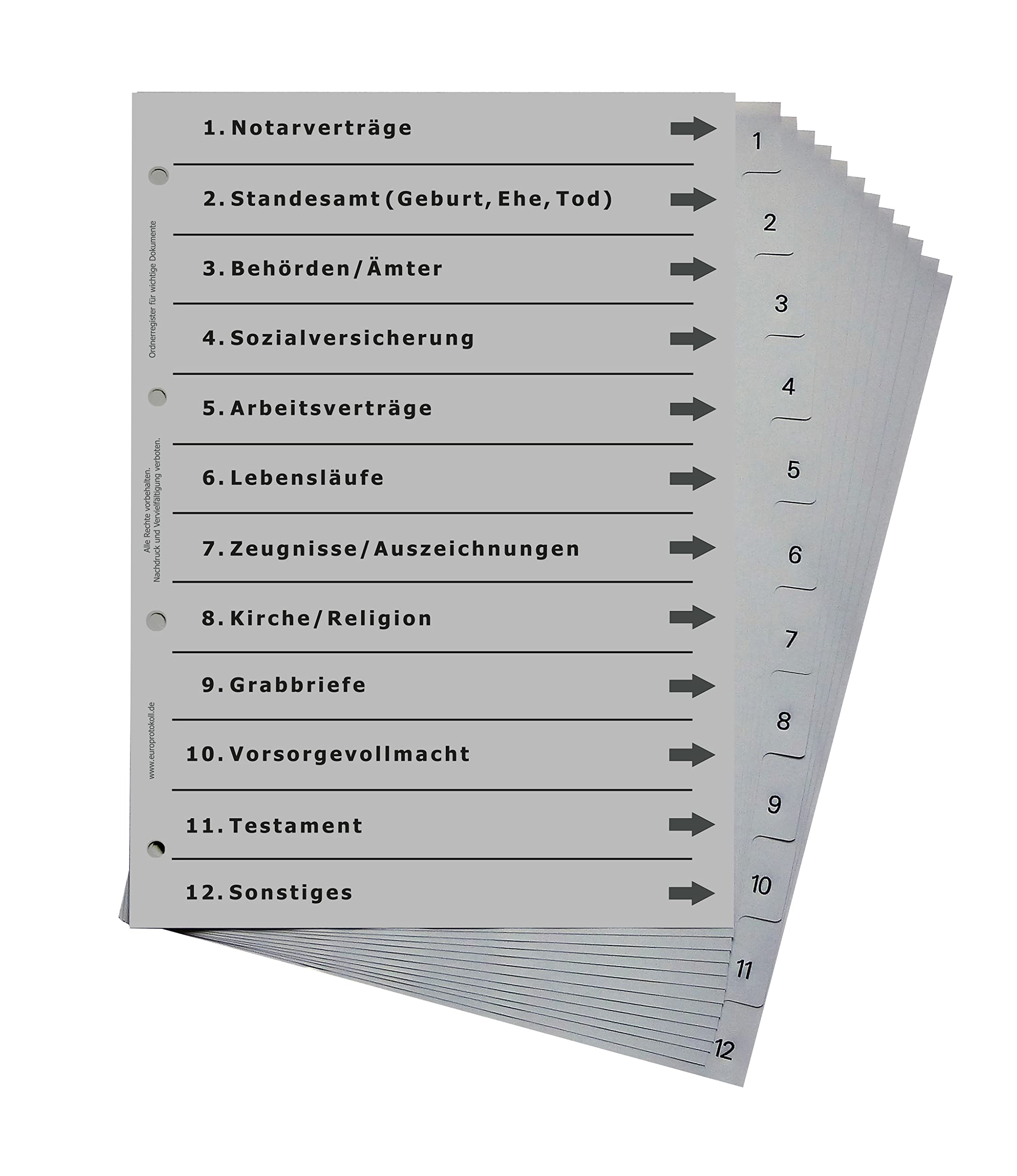 14er Komplett-Set Ordnerregister für Ordnung in allen Bereichen wie z.B. Gesundheit, Pflege, Finanzen, Eigenheim, Haustiere, Immo, Kfz, Kinder, Personal, PV, Rezepte, Steuern, Vers., Dokumente