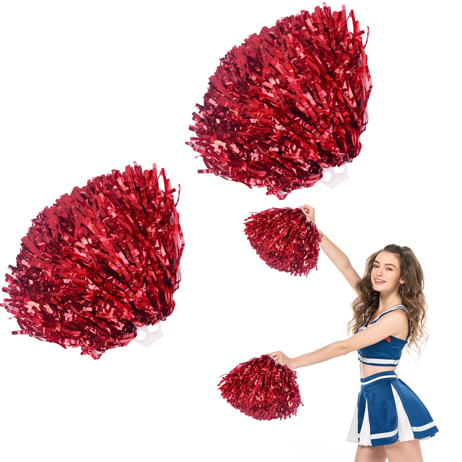 2 Pompons De Cheerleading Métalliques - Bleu Et Argent - Pour Sport, Spectacles, Fêtes - Poignée Confort