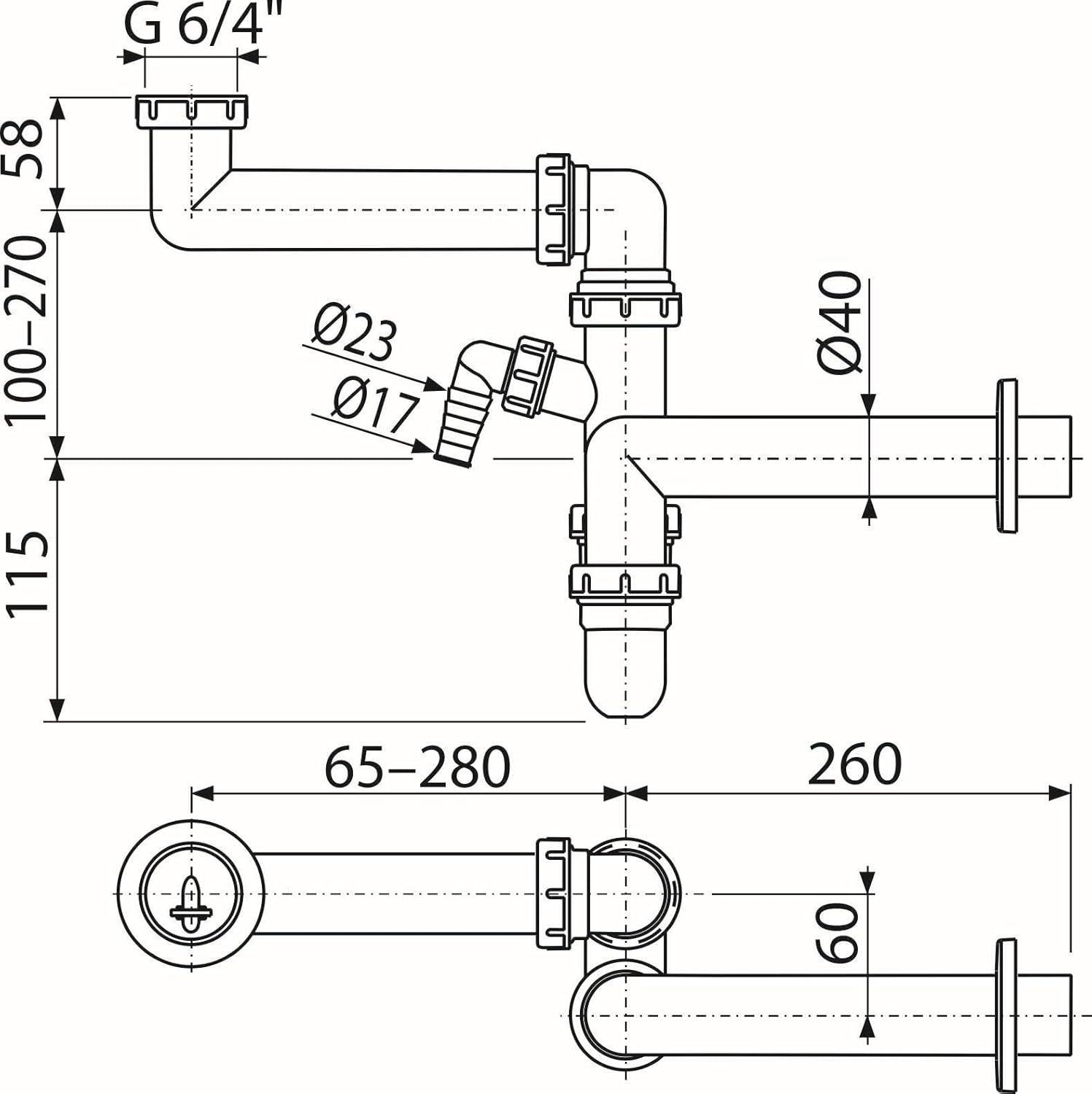AlcaPlast A872P Siphon Technical Diagram with Dimensions