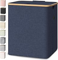 Vista 23 de BALEINE Cesta de lavandería con tapa, cestas altas para la ropa sucia con asas de bambú, contenedor grande para la ropa sucia con soporte interno