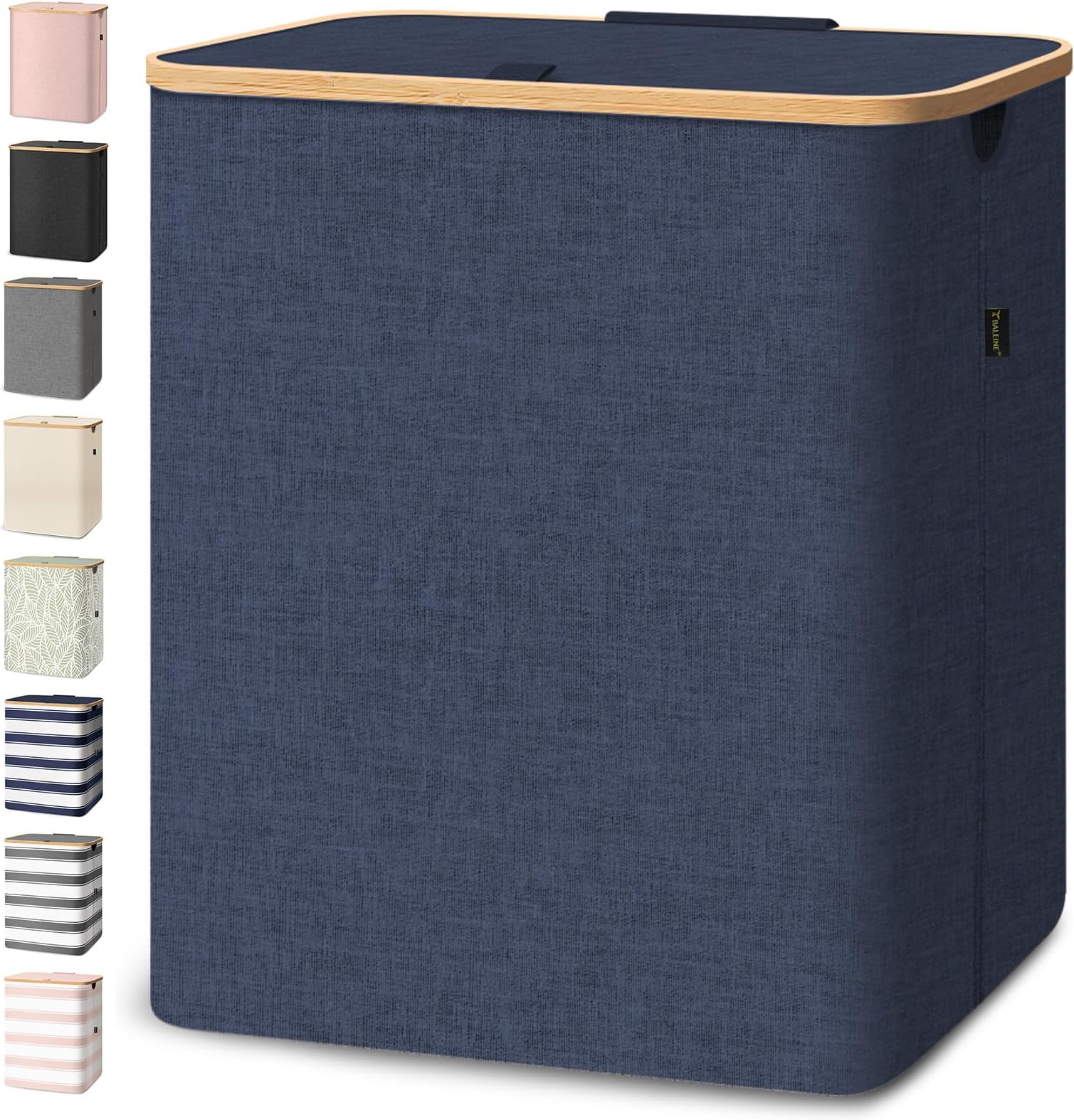 BALEINE Laundry Hamper with Lid, Tall Laundry Baskets with Bamboo Pull Handles, Large Laundry Bin with Internal Support (36 Gal/140L, Blue)