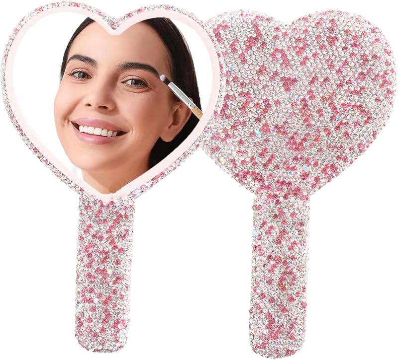 Espelho de mão Frinnovan em formato de coração com alça e detalhes em strass, Pink