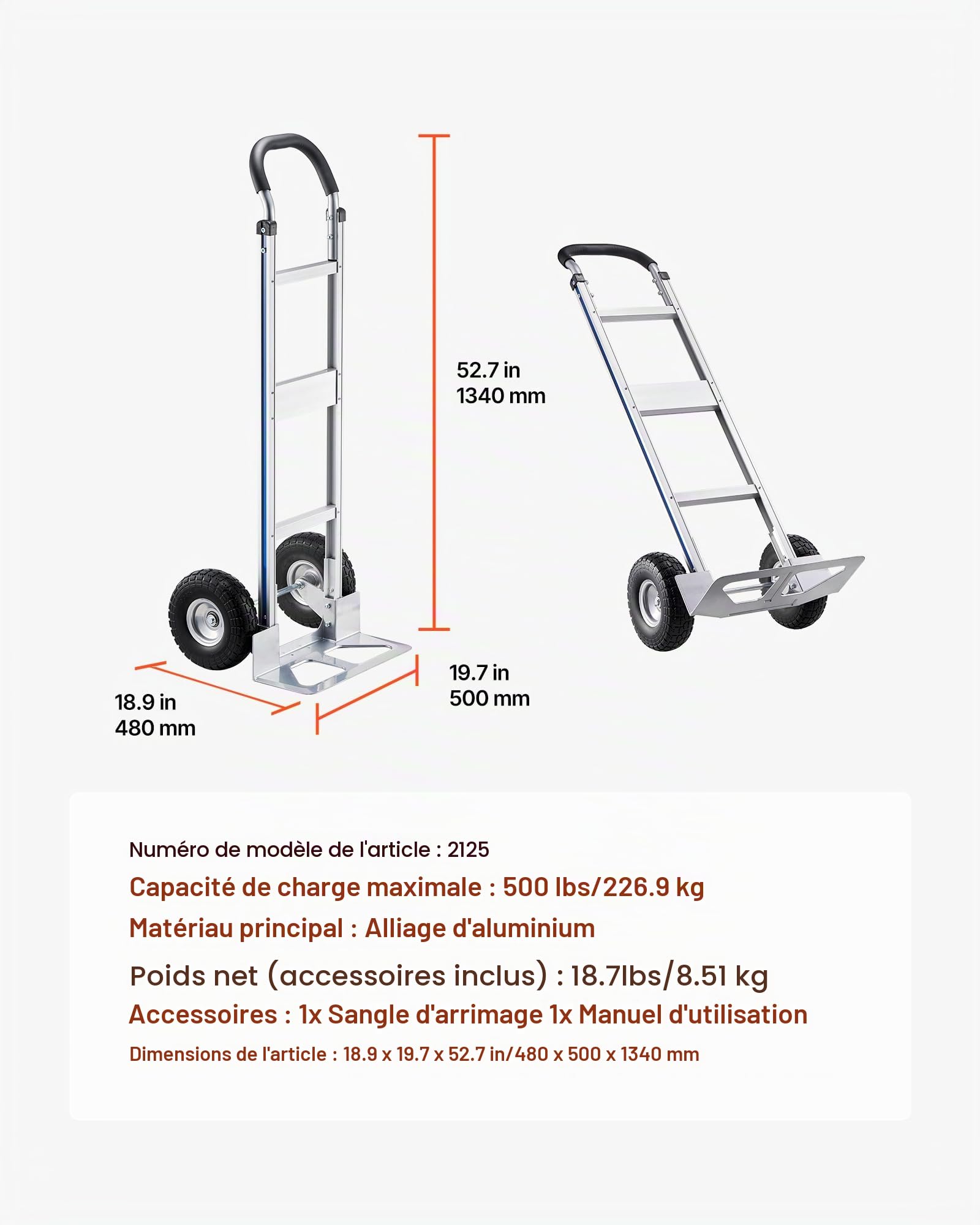 VEVOR Diable Déménagement Capacité de Charge 226,9 kg Diable Robuste Portable en Alliage Aluminium avec Roues, Poignée Antidérapante, Sangle d'Arrimage, pour Manutention Domicile Bureau Entrepôt
