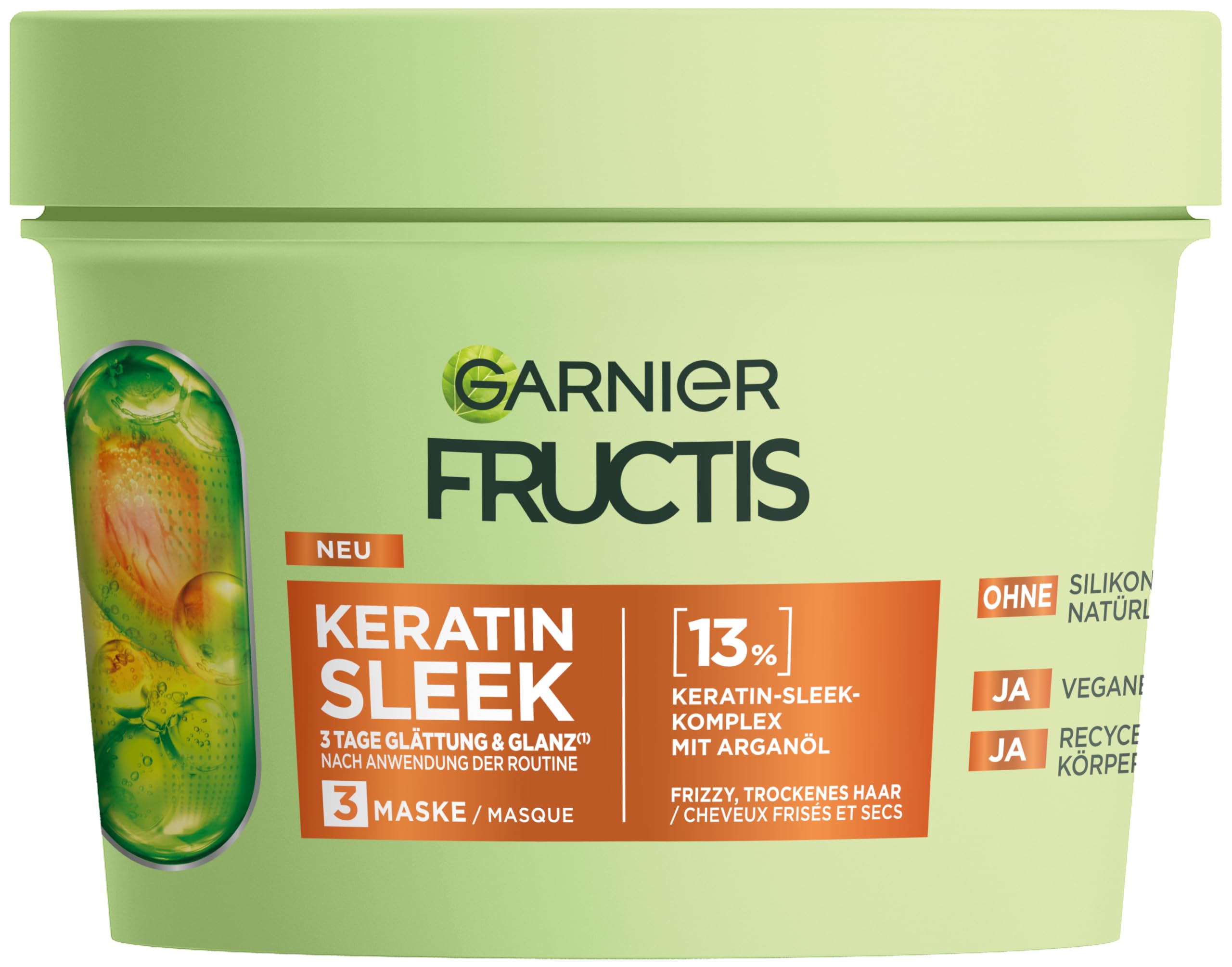 Garnier Fructis Keratin Sleek Masque à l'huile d'argan et complexe kératine pour cheveux secs et sujets aux frisottis 370 ml
