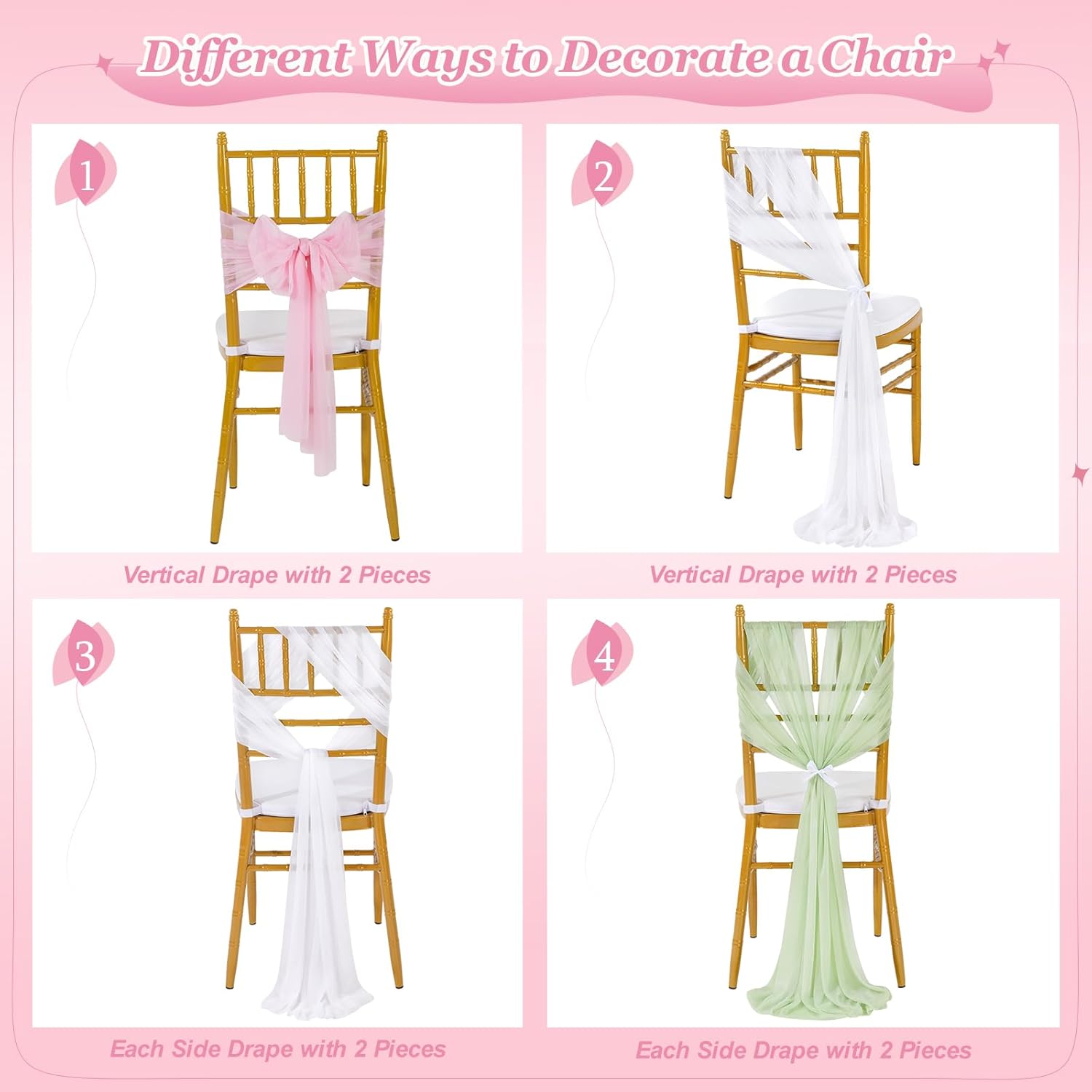 Pink Chair Sashes 32 PCS Romantic Wedding Aisle Chair Sash for Party Dining Banquet Chair Cover