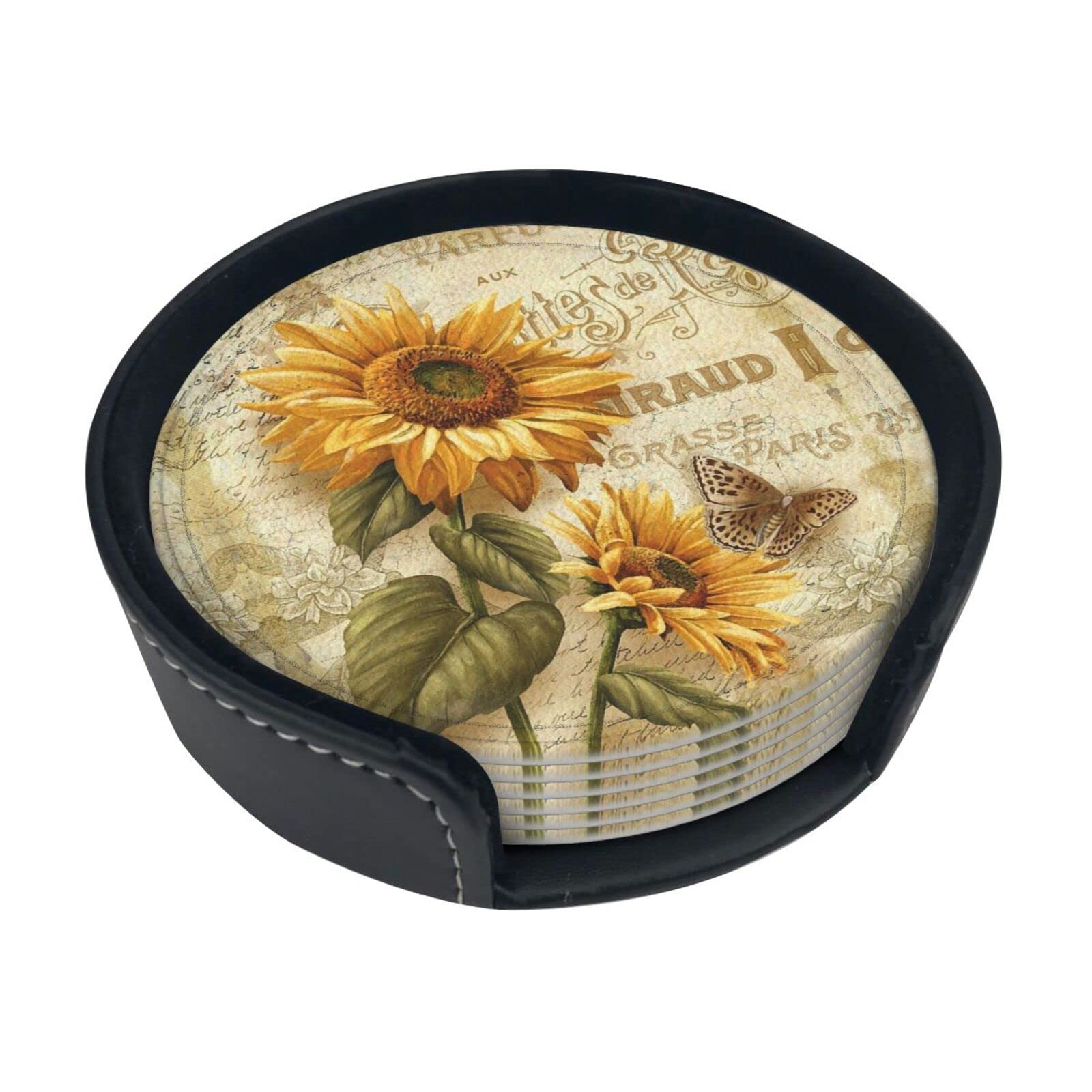 Coasters Set Of 6 Sunflower Print Leather Coasters For Drinks,Home Décor And Housewarming Gift