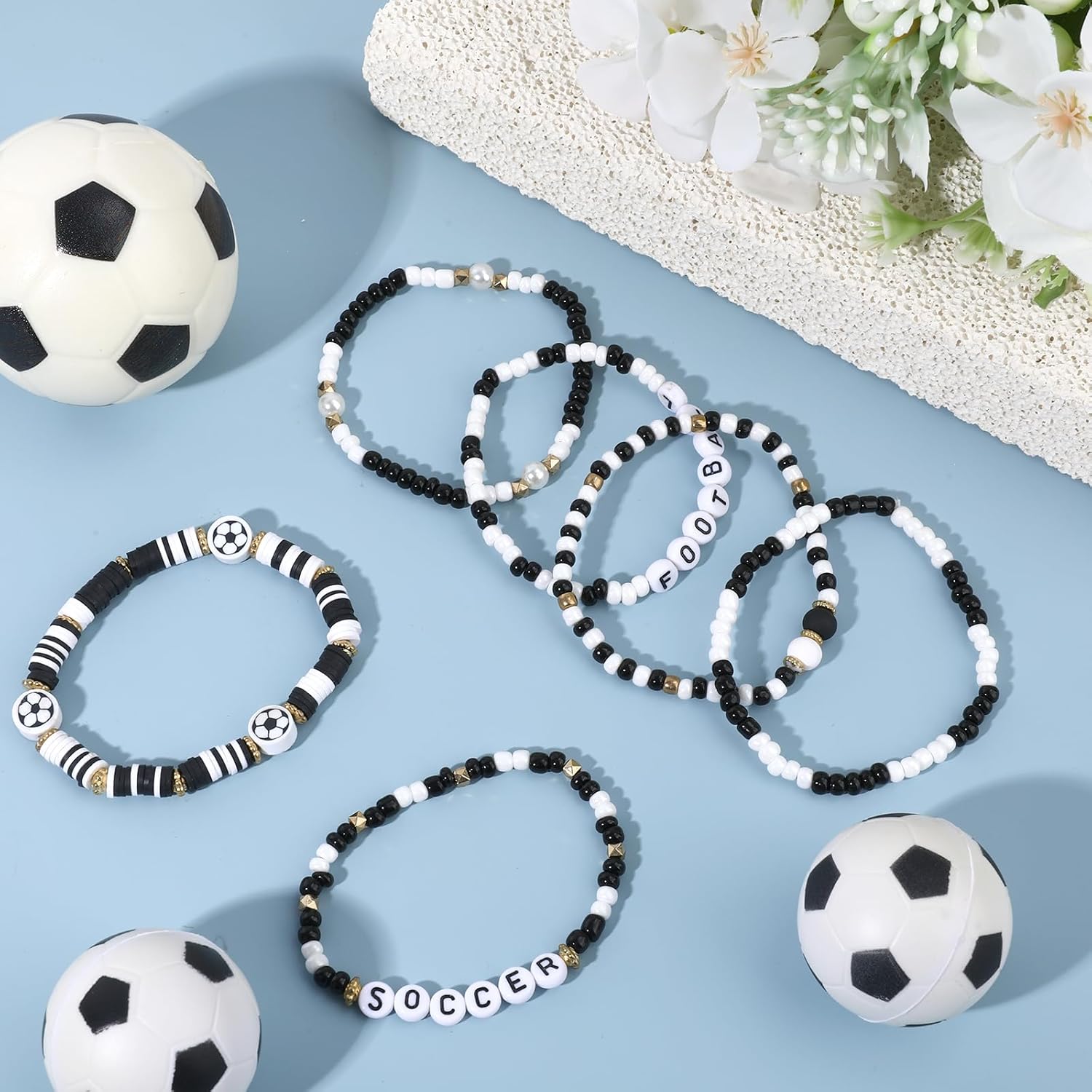 6 Pcs Soccer/Baseball Bracelets Soccer/Baseball Party Favors Gifts Adjustable Beaded Stackable Jewelry - Image 4