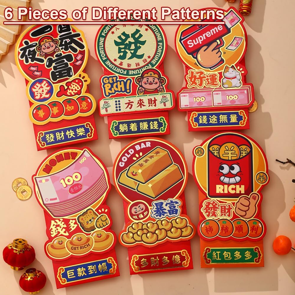 Red Envelopes for Chinese New Year 2026-6Pcs Creative Lucky Money Envelope of Cute Patterns with Wishes of Wealth Theme for Chinese to Celebrate Spring Festival and Lantern Festival image 2