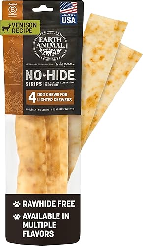 EARTH ANIMAL Receta de venado de tiras sin ocultar, alternativa natural de cuero crudo para perros, paquete de 4