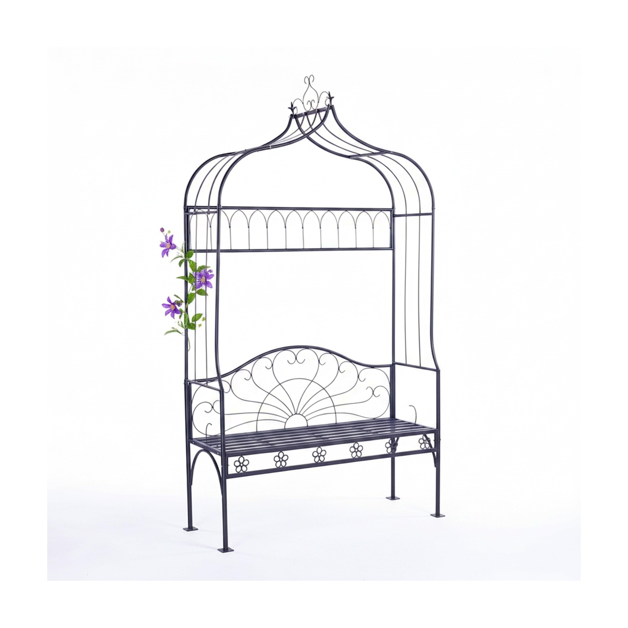 Relaxdays Arche à Roses avec Banc, métal, pour Jardin, H x L x P : 220 x 122 x 43 cm, Arche Stable pour grimpantes, Noir