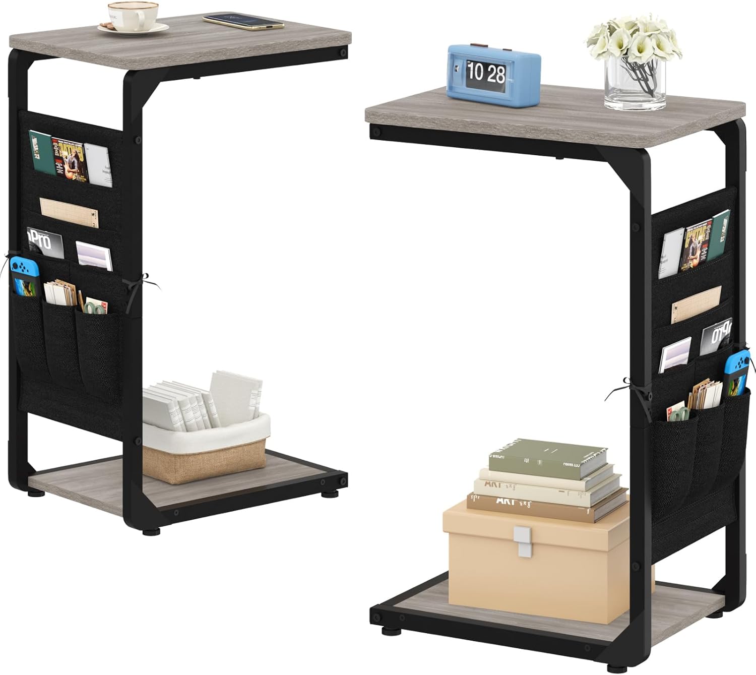 Narrow C-Shaped End Tables with Storage Bag, Sofa TV Trays Set of 2, Tray Table Small Couch Side Table for Living Room, Bedroom, Bedside ET-P-GY2