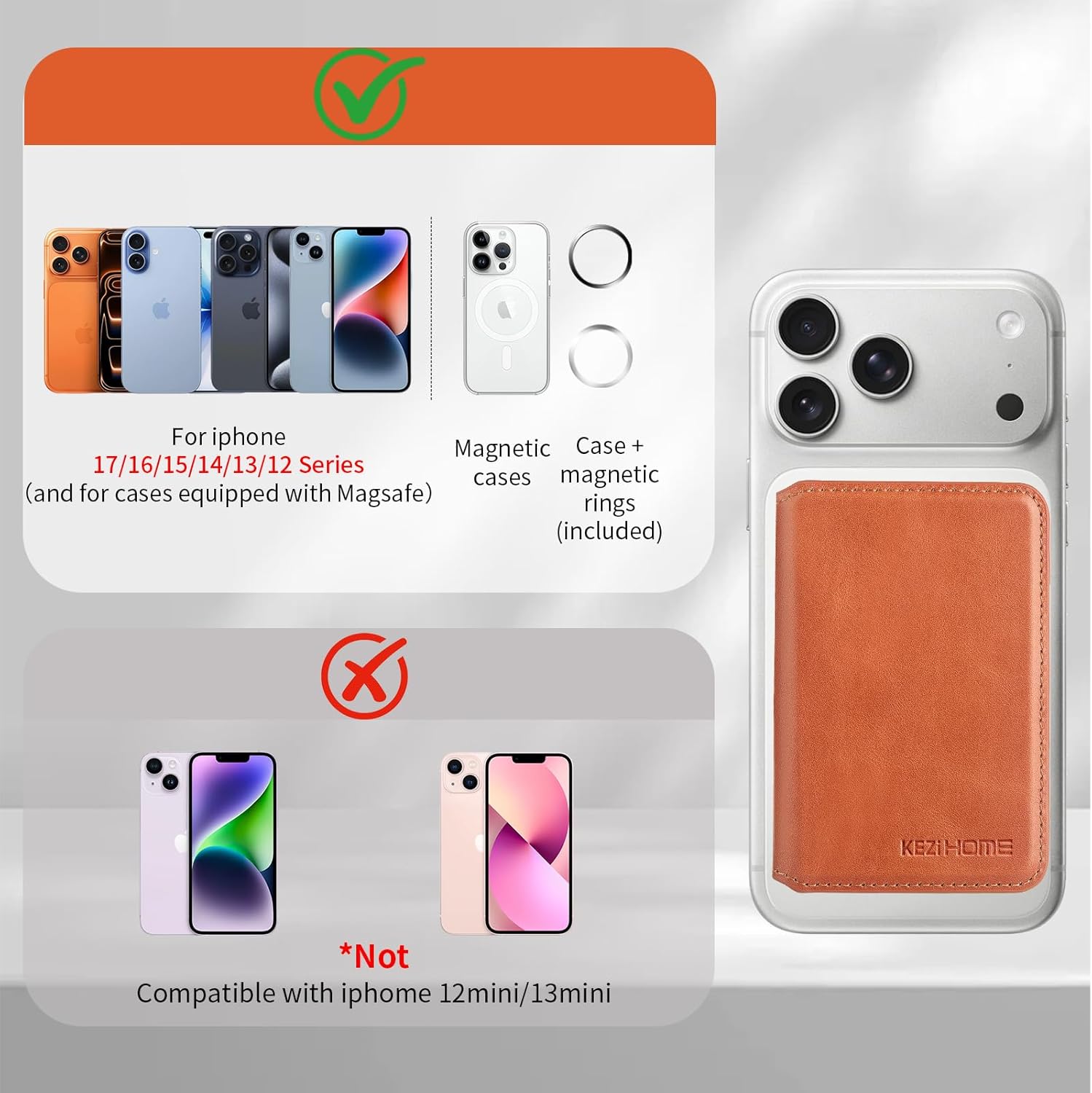 KEZiHOME for MagSafe Wallet with Stand, Genuine Leather 6 Card Holders[RFID Blocking] Minimalist Magnetic Wallet for iPhone 17/16/15/14/13/12 Series with MagSafe Phone Case (Khaki)