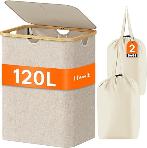 Lifewit Cesta de lavandería de 120 litros con tapa, cestas de ropa para lavandería con asas de bambú y una bolsa de lavandería extraíble, cesta