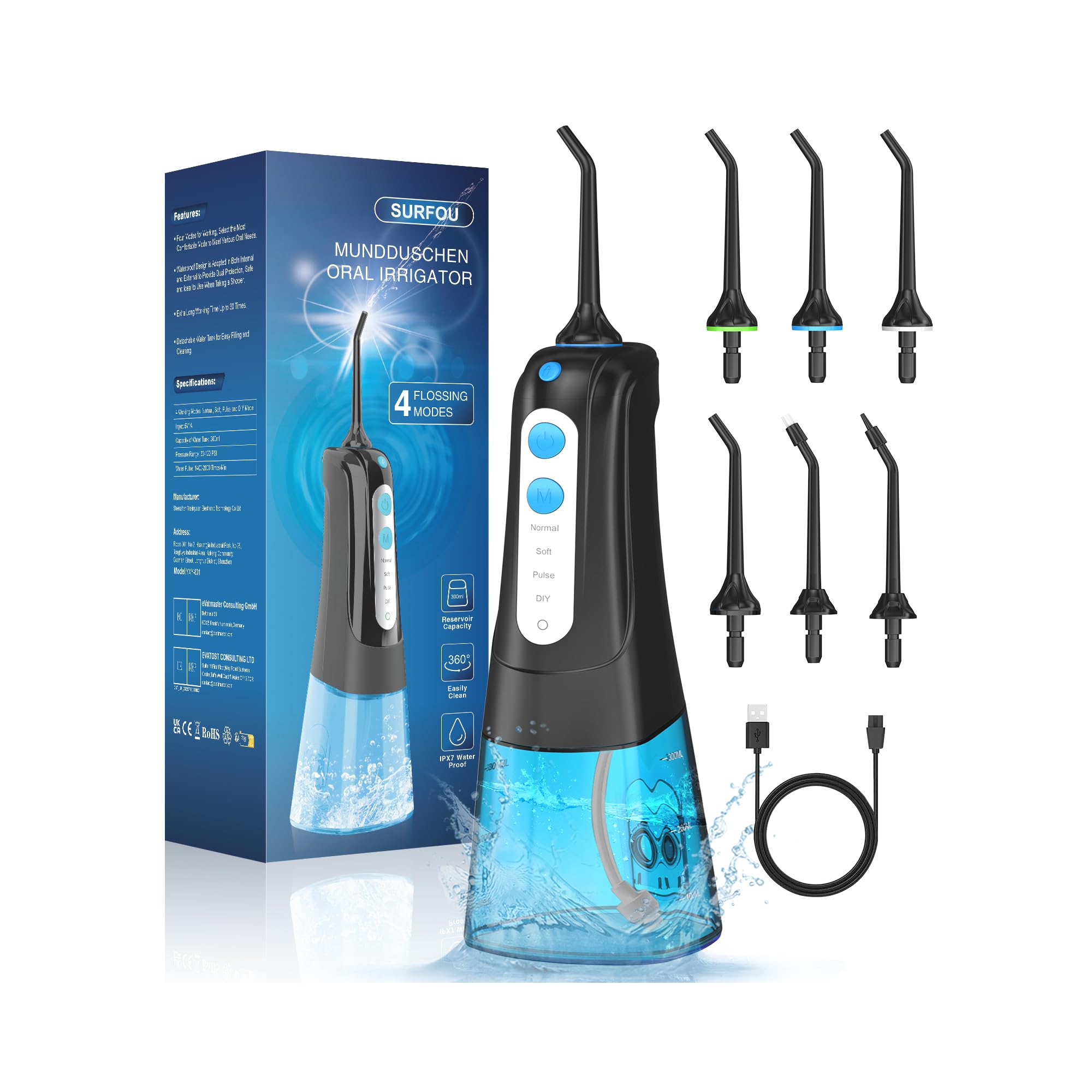 SURFOU Irrigador Dental Portatil Bucal Viaje, Irrigadores Dentales Bucales Limpiador Dientes Agua Presion, Profesional Inalambrico Irrigador-dental Con Irradiador Limpieza Water Flosser for Teeth