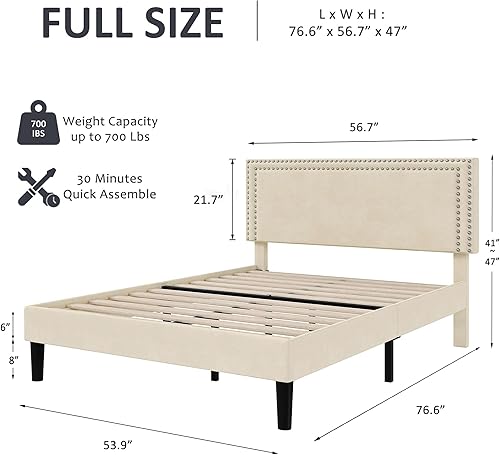 Miniatura 352 de VECELO Base de cama de tamaño matrimonial con cabecera tapizada ajustable, plataforma de listones de madera, diseño sin ruido, fácil montaje Negro