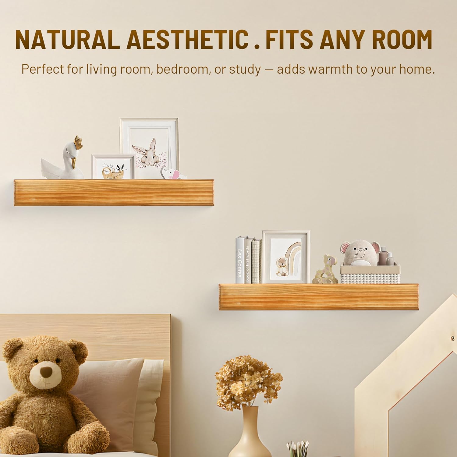 24 Inch Picture Ledge Shelf with Lip,Floating Shelves for Wall, Set of 2 Solid Pine Wood Shelves with Invisible Brackets, Wall Storage for Living Room, Bedroom, Kitchen, Bathroom(Carbonized Brown)