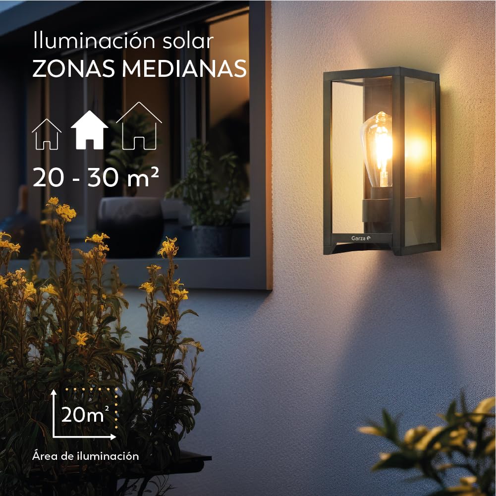 Garza - Aplique de Exterior Solar LED Vintage 400lm, 2700K. Iluminación 360º, Sensor de Movimiento, IP44, 8h Autonomía, Instalación en Pared.