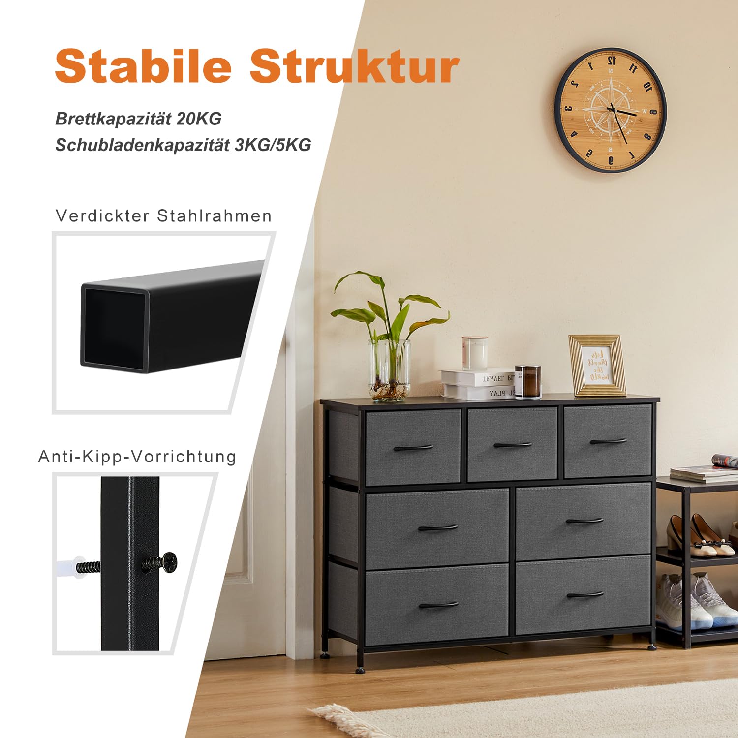 Dumos Kommode für Schlafzimmer mit Stoffschubladen hohe Organizer für Kleidung Schrank Kinderzimmer Aufbewahrungsturm mit Schrank Metallrahmen Holzplatte leichte – Bild 7