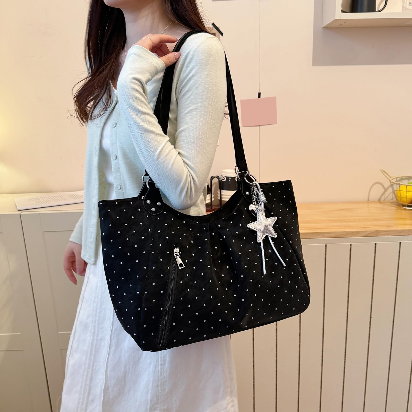 Bolso de mano de piel sintética con lunares con colgante estrella, bolso bandolera espacioso estilo para diario y trabajo