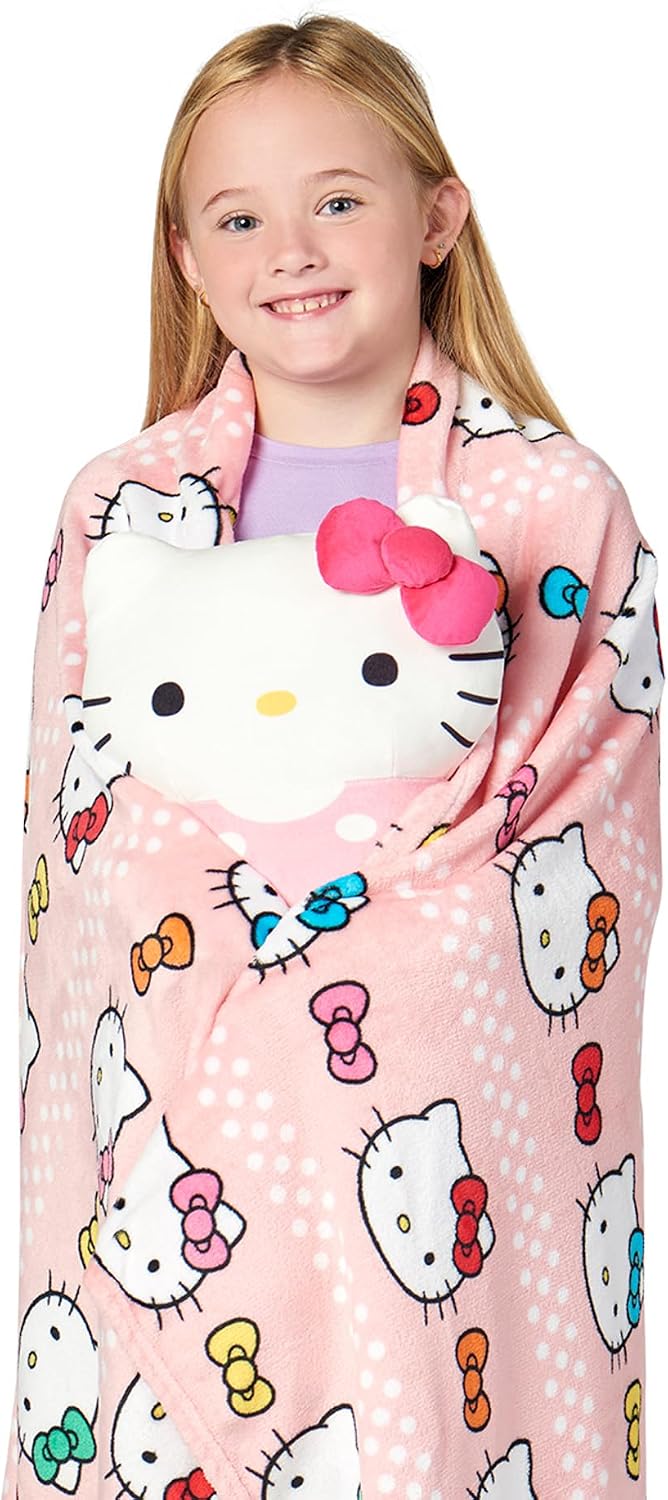 Northwest Hello Kitty Bowtastic Hugger Pillow & Silk Touch Throw Blanket Set, Stuffed Animal, 50x60 inches and 11 inch Plushie