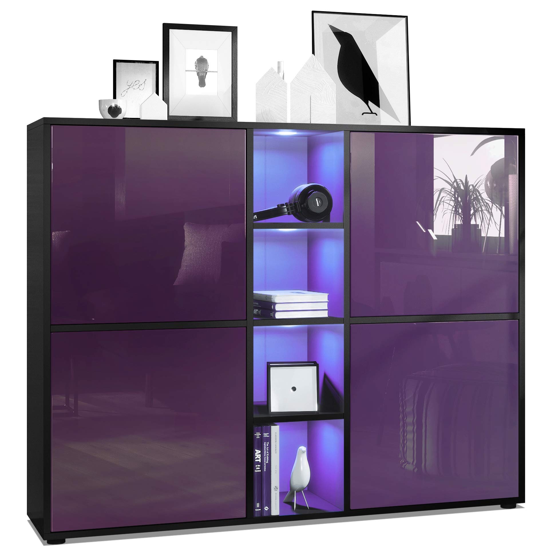 Vladon Highboard Cuba V3, Made in Germany, Schwarz matt/Brombeer Hochglanz inkl. LED - Moderne Anrichte mit 12 Fächern (130,5 x 105,5 x 35,5 cm)