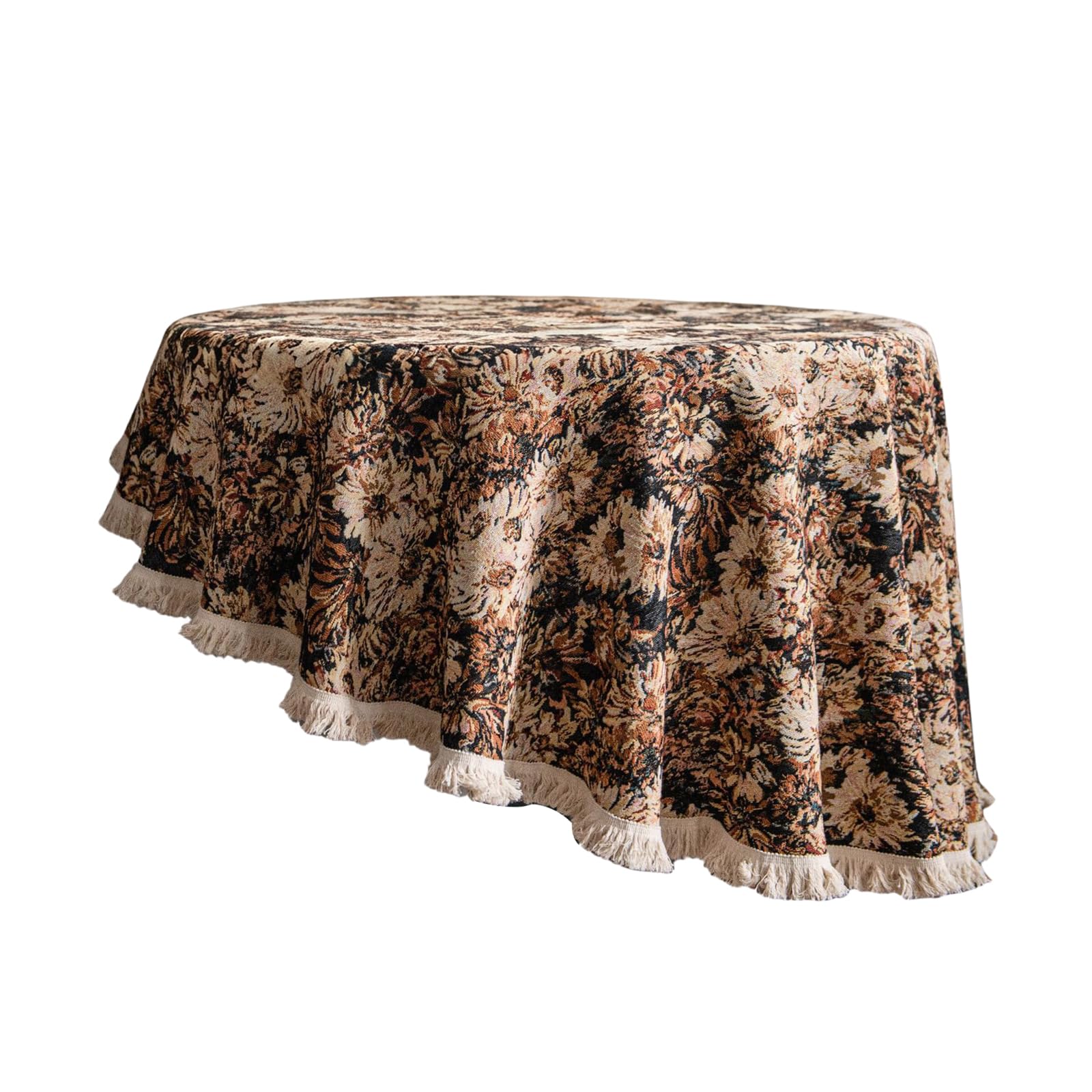 Tsophreniq Romantics Flower Print Polyester Cotton Round Tablecloth with Tassels Trim Dining Table Cover for Dinner Parties Decors Home Dinner Decoration