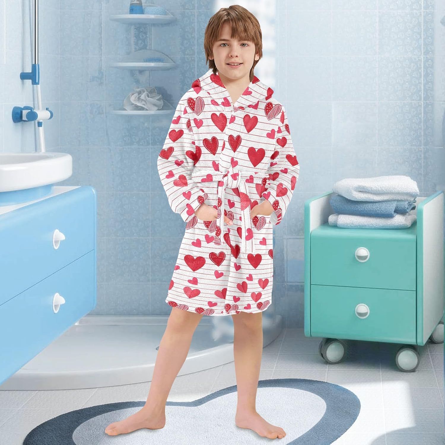 Cute Cartoon Red Heart Toddler Hooded Bathrobe for Boys Girls Soft Plush Bath Towel Robe 2-12 Years