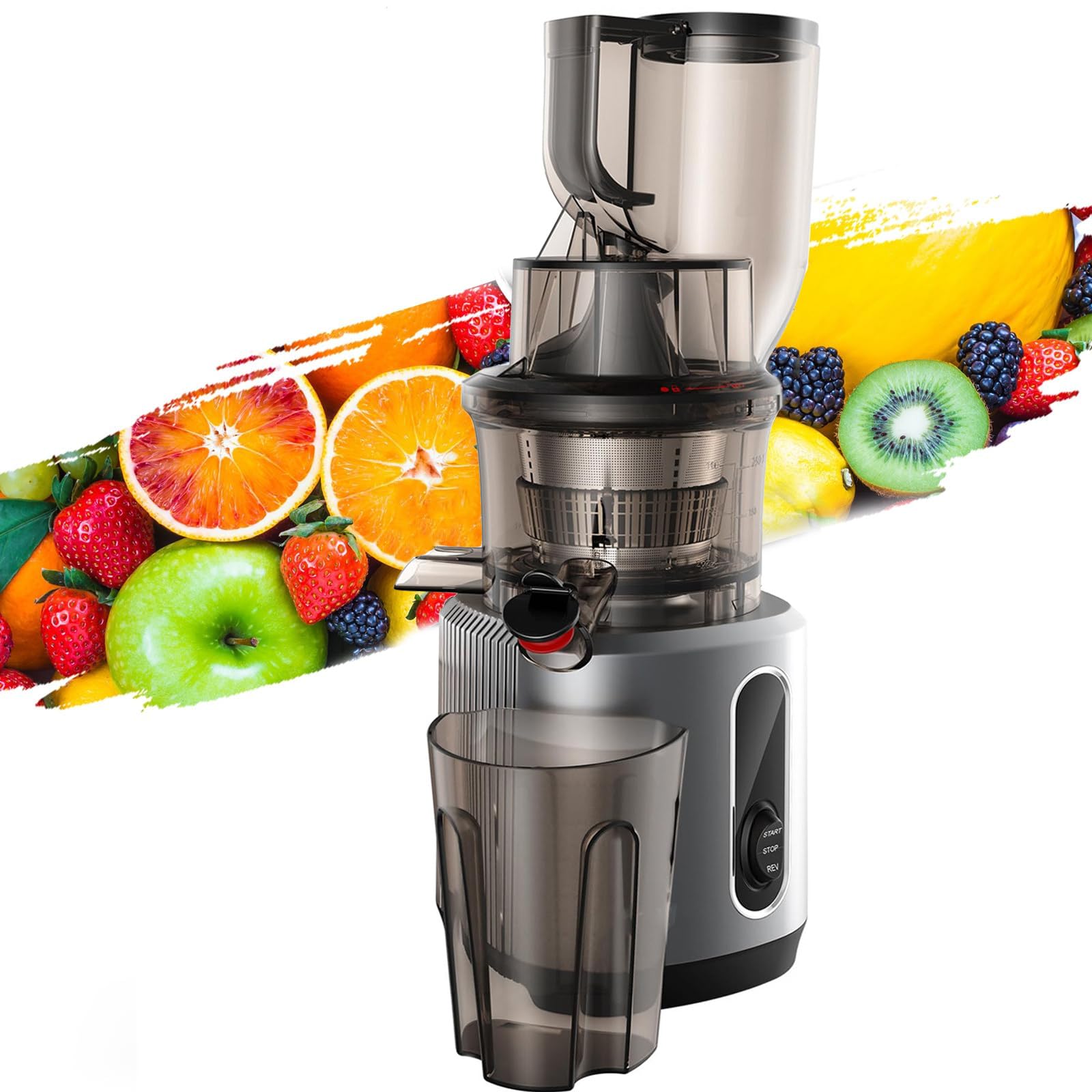 Spremiagrumi Lento A Bocca Larga Per Frutta E Verdura, Spremiagrumi 200W,Spremiagrumi Centrifugo Bocca Larga 75 Mm, Centrifugo Acciaio Inossidabile A Velocità 55 Giri/Min/Capacità 700 Ml,Grey