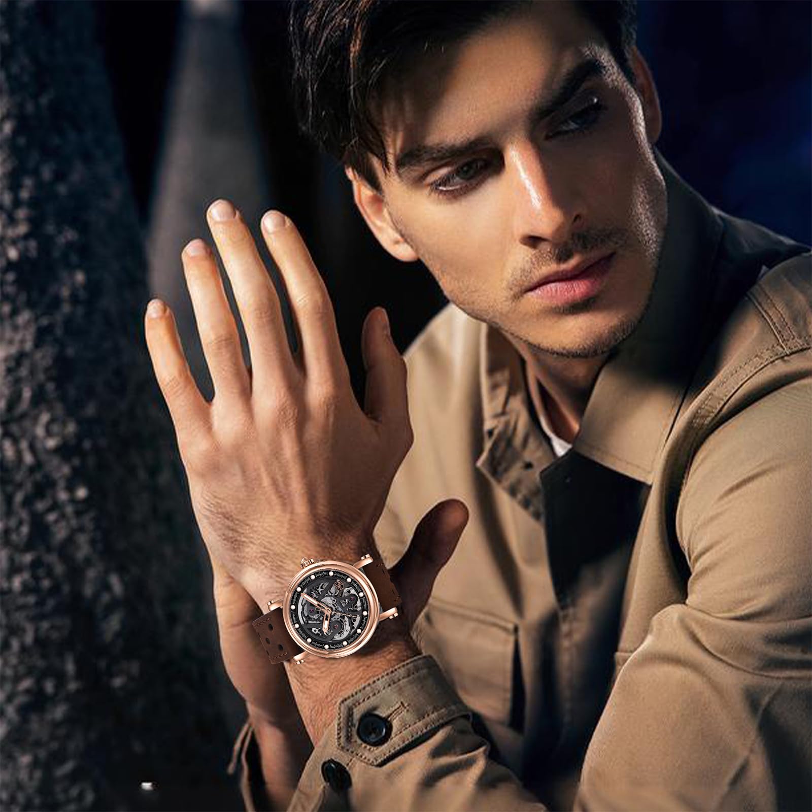 BENYAR Automatic Watches for Men Black Skeleton dial 50M Waterproof Leather Men's Mechanical Watch Elegant Gifts for Men