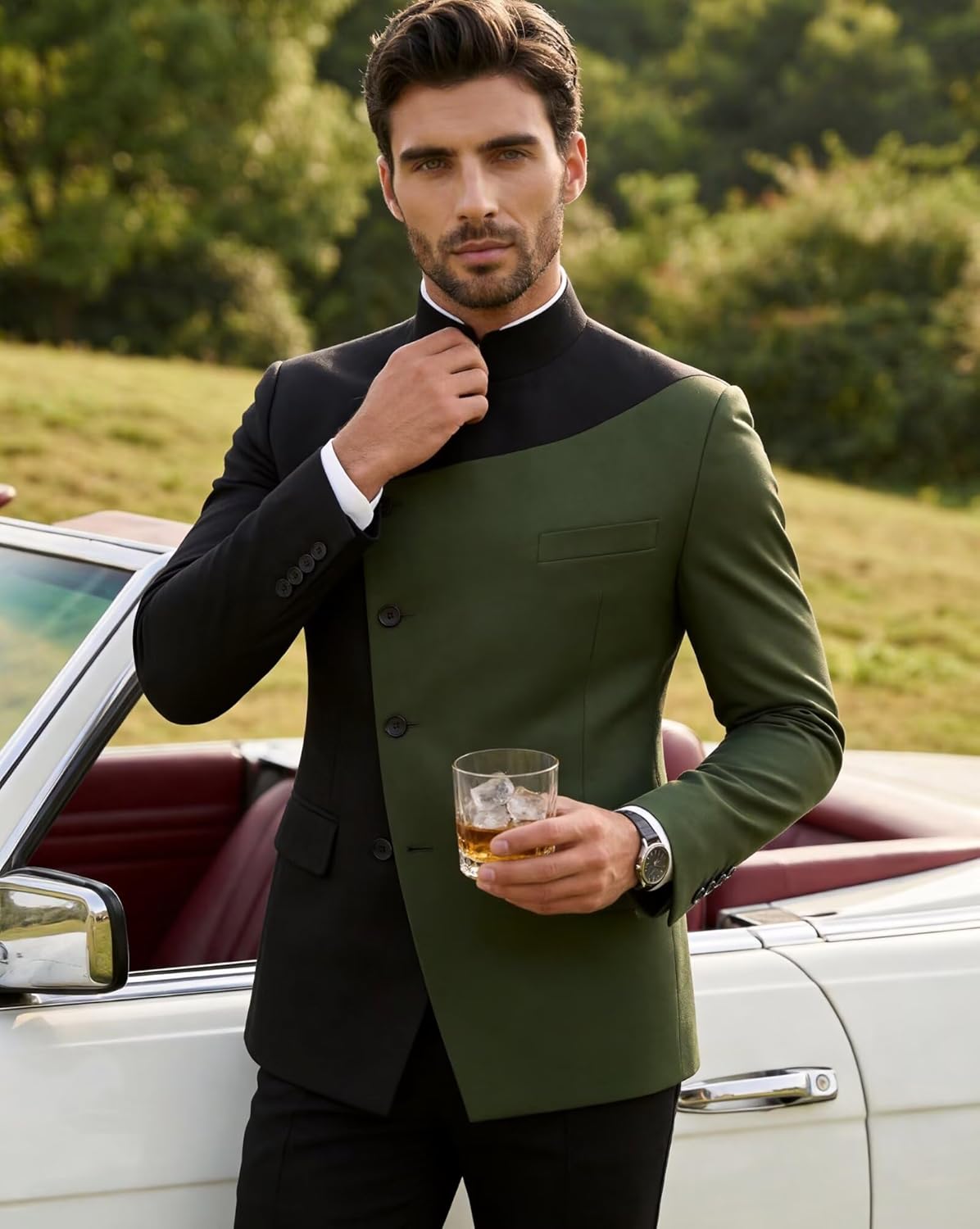 Men's Chinese Tunic Suit Mandarin Collar 2 Piece Suits for Men Slim Fit Traditional Wedding Suit