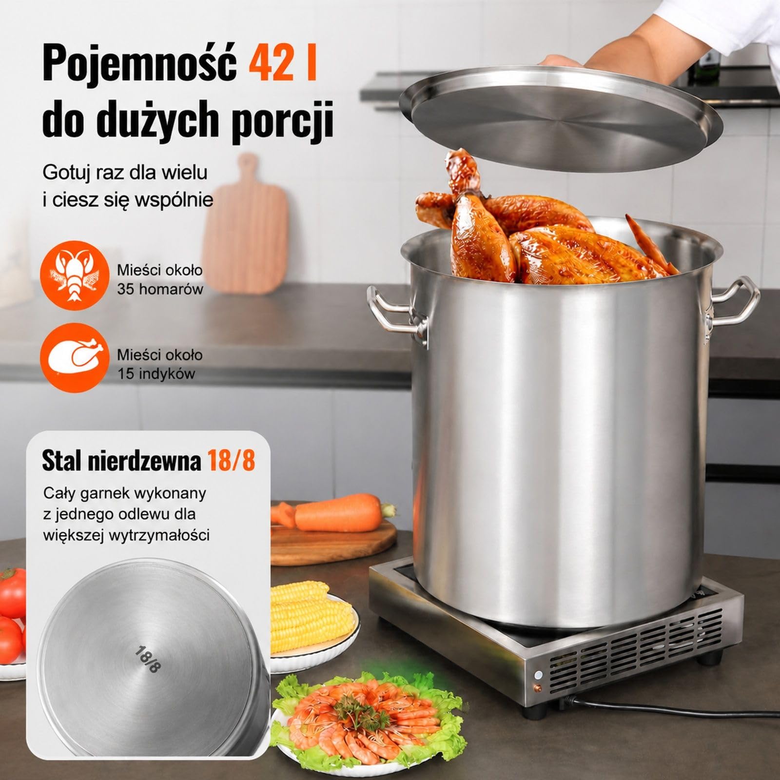 Garnek ze stali nierdzewnej 39,7 l, pokrywka, dno kompozytowe, uchwyty boczne do zupy, szparagów oraz sosu