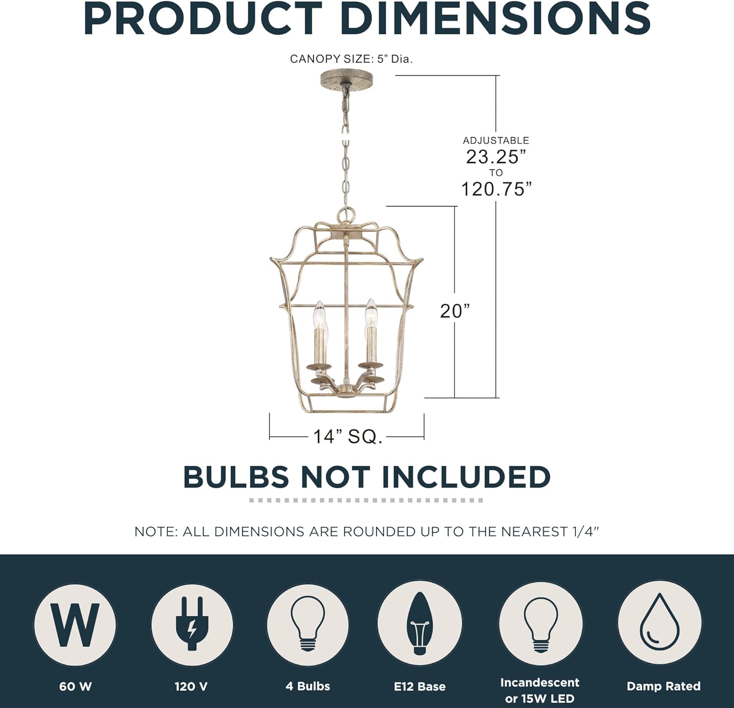 Quoizel Gallery Pendant Lighting, 14 Inch 4-Light Century Silver Leaf Lantern-Style Chandelier, Max Hanging Height 121", Ceiling Light Fixture for Kitchen Island, Hallway, Bedroom, Foyer, Cafe or Bar