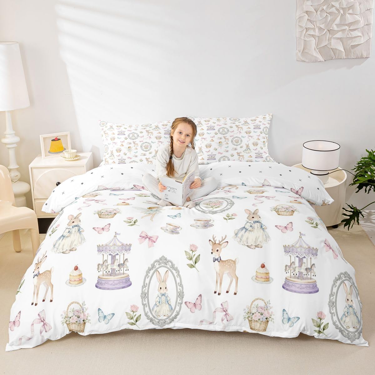 Fairy Tale Duvet Cover Set Twin Size,Rabbit Fairy Deer Bedding Sets 2Pcs for Kids Girls Boys Adult Room Decor,Carrousel Butterfly Comforter Cover Sweet Bowknot Quilt Cover,1 Pillowcase