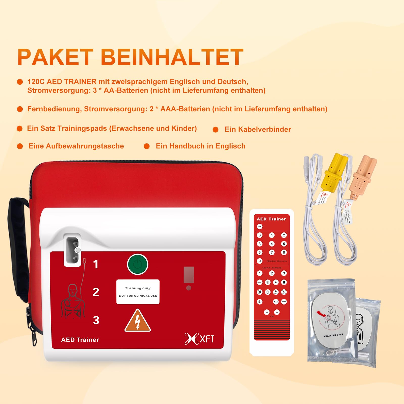 AED Trainer Deutsch, AED Trainingsgerät 10 Verschiedene Szenarien Deutsch&Englisch Sprachansagen mit Fernbedienung AED-Trainer mit CPR Lehrgerät für Erste-Hilfe-Schulungen XFT-120C