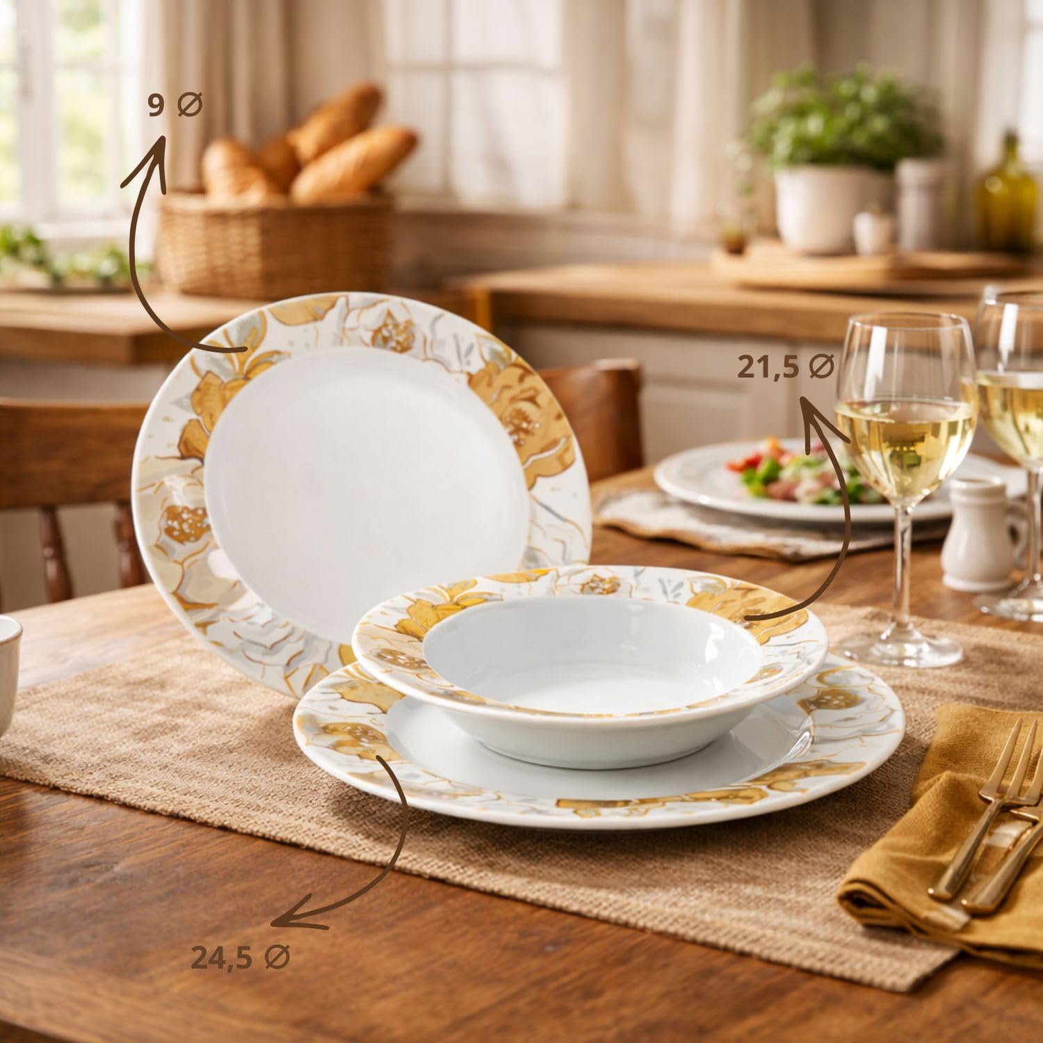 Servizio Piatti 18 Pezzi in Porcellana Lux, Set Tavola 6 Coperti 6 Piani 6 Fondi 6 Dessert Con Decorazione - (Fiori Oro)