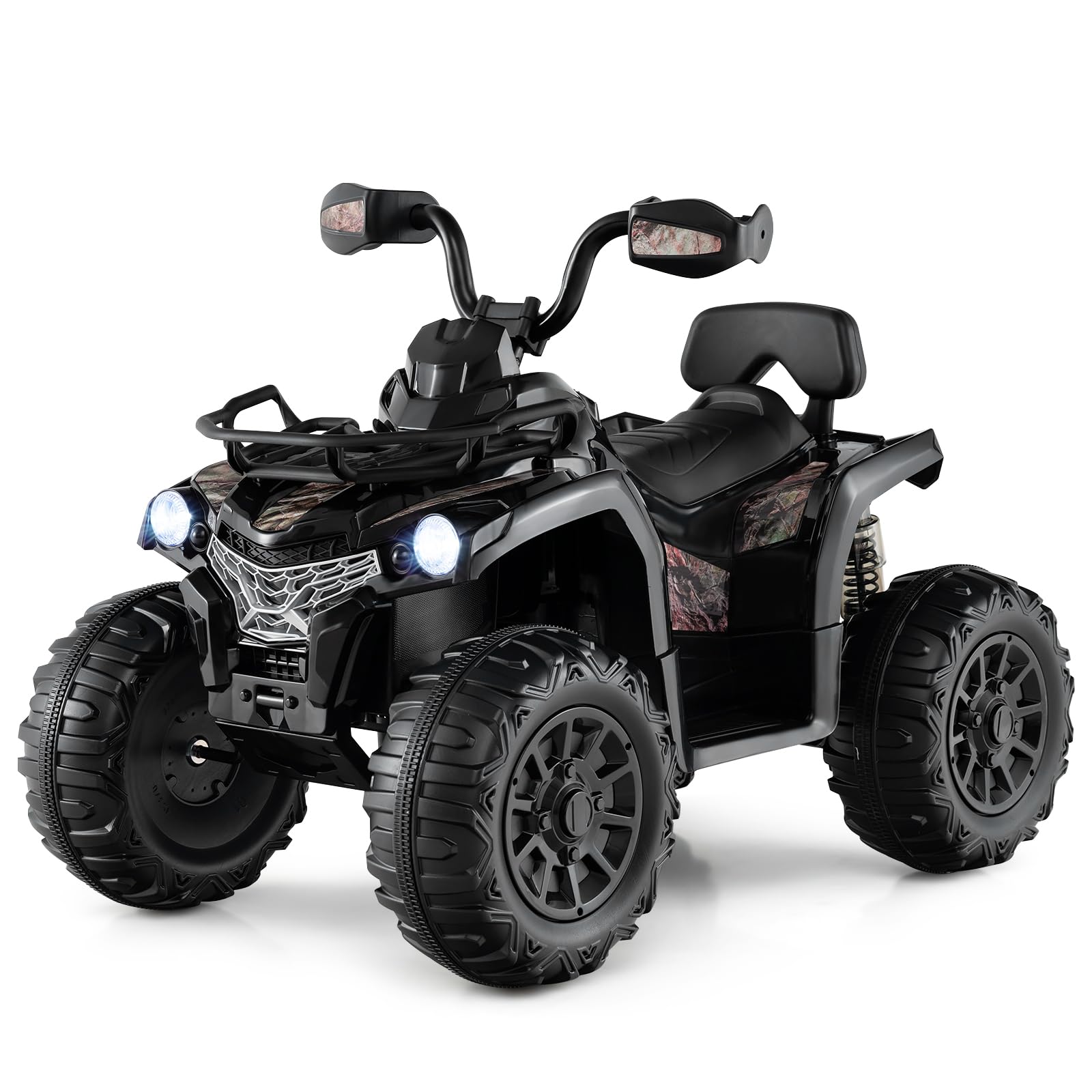 COSTWAY 12V Electric Kids Quad Bike, Battery Powered Ride on Car ATV with Headlights, Music, MP3, Storage Basket, Backward Function, for Boys and Girls Aged 3-8 Years (Black)